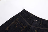 DAXUEN dark indigo denim heart-embroidered cropped shorts