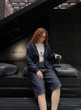 DAXUEN dark indigo denim heart-embroidered cropped shorts — model photo