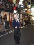 DAXUEN dark blue wide-leg heartbeat graphic denim pants — model photo