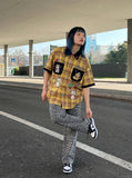 DAXUEN Short-sleeved plaid shirt with embroidery and heart-shaped buttons — model photo