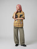 DAXUEN Short-sleeved plaid shirt with embroidery and heart-shaped buttons — model photo