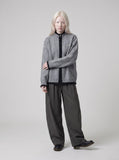 DAXUEN heather grey cardigan with black fuzzy trim — model photo