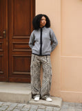 DAXUEN heather grey cardigan with black fuzzy trim — model photo