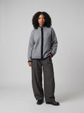 DAXUEN heather grey cardigan with black fuzzy trim — model photo