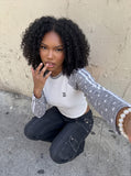 DAXUEN white and heather grey polka dot raglan long sleeve tee — model photo