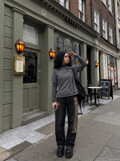 DAXUEN heathered grey layered top with bow detail — model photo