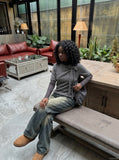 DAXUEN heathered grey layered top with bow detail — model photo