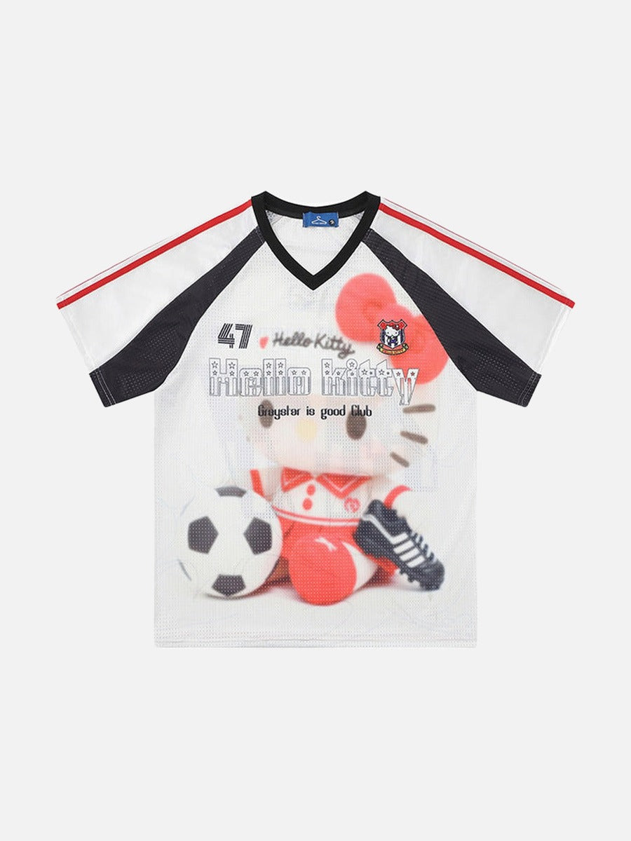 DAXUEN Hello Kitty football-themed V-neck T-shirt