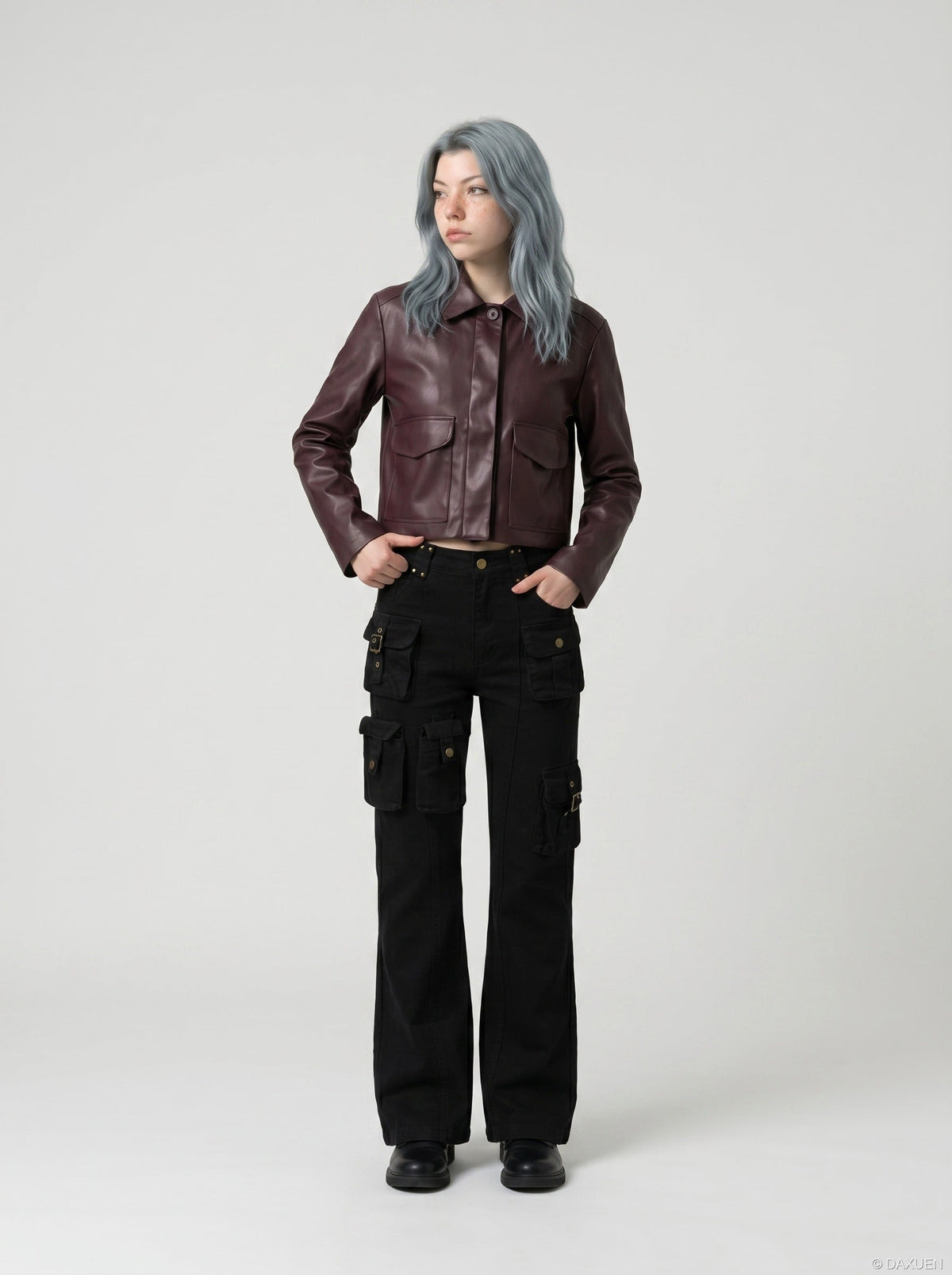 DAXUEN High-waisted black cargo pants with flared legs — model photo