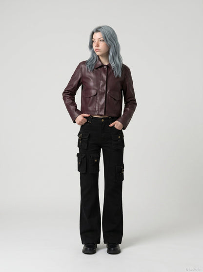 DAXUEN High-waisted black cargo pants with flared legs — model photo