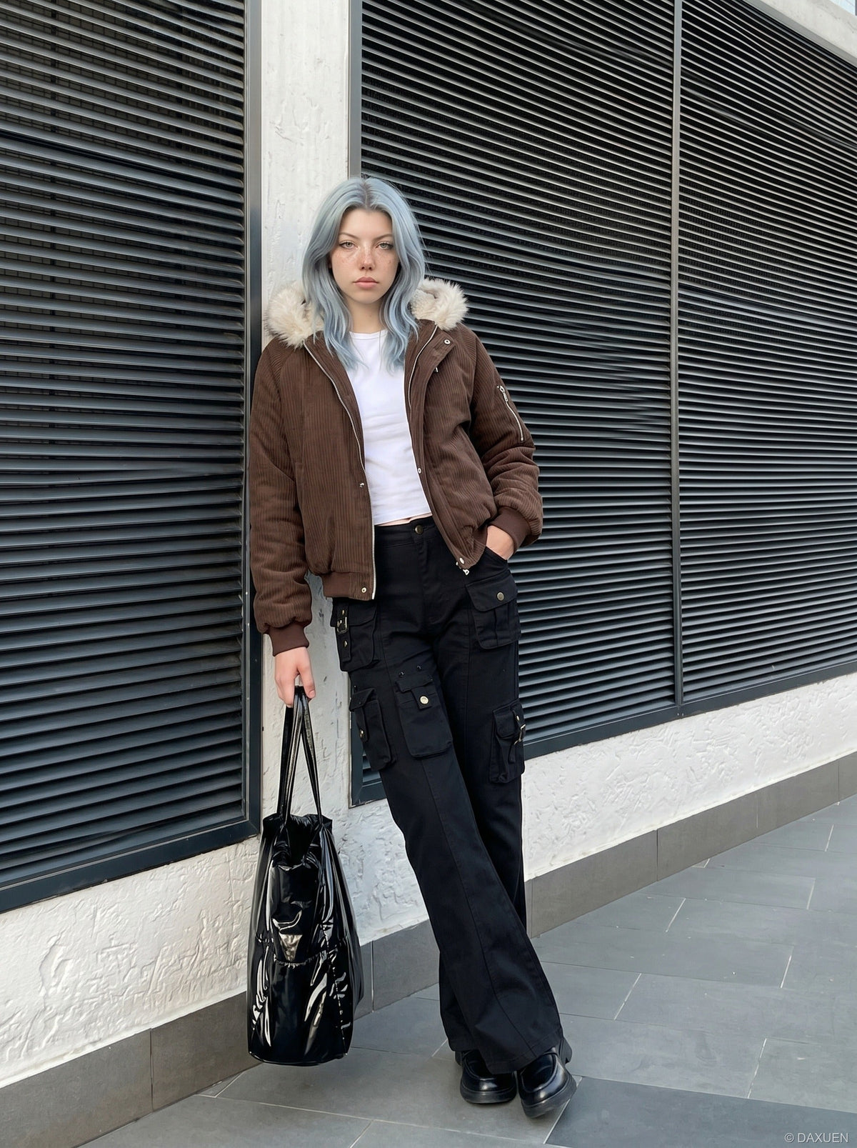 DAXUEN High-waisted black cargo pants with flared legs — model photo