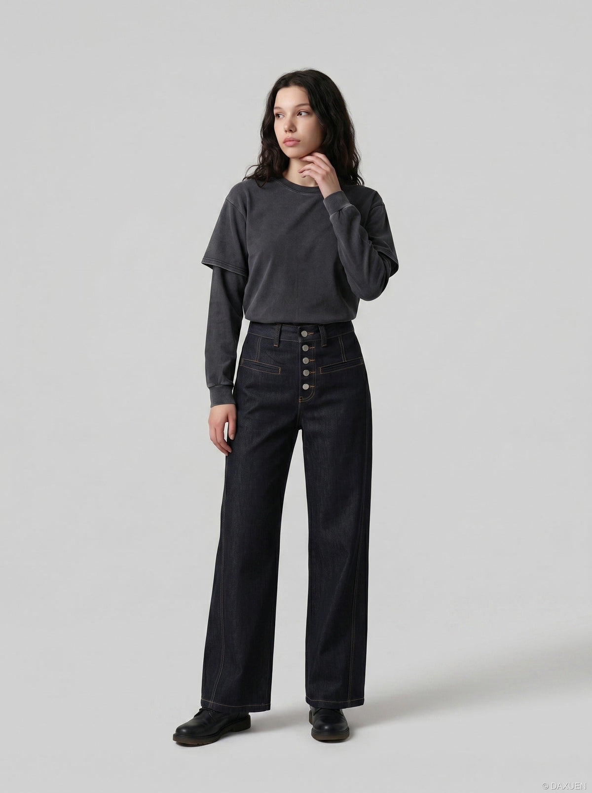 DAXUEN High-waisted wide-leg denim pants — model photo