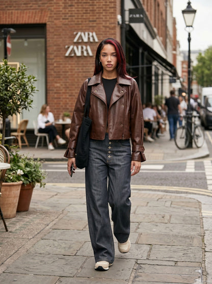 DAXUEN Wide-leg high-waisted denim trousers — model photo