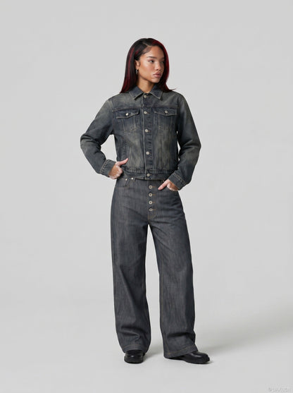DAXUEN Wide-leg high-waisted denim trousers — model photo