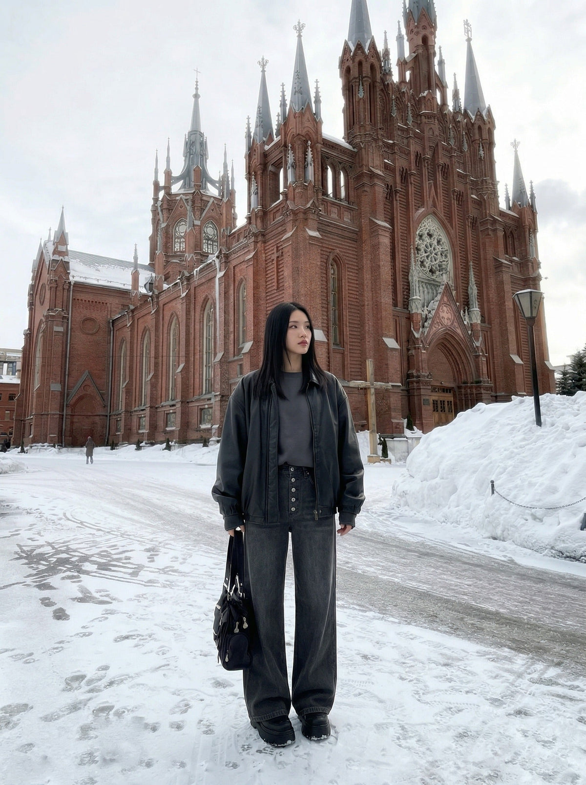 DAXUEN High-waisted wide-leg jeans in dark grey wash — model photo
