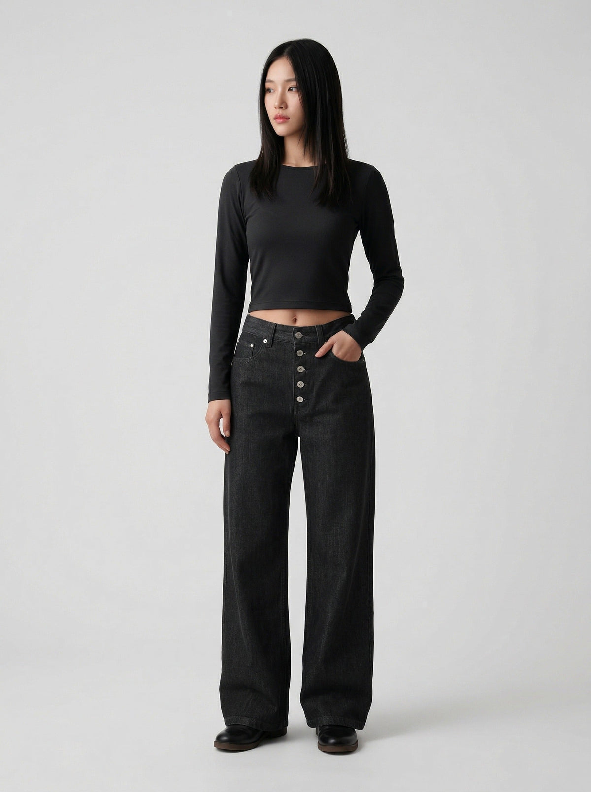 DAXUEN High-waisted wide-leg jeans in dark grey wash — model photo