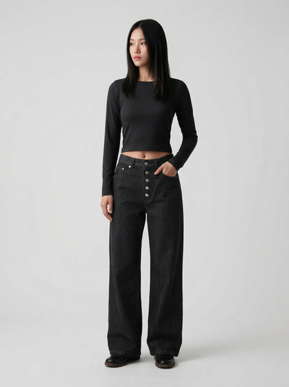 DAXUEN High-waisted wide-leg jeans in dark grey wash — model photo