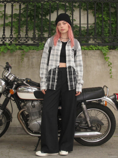 DAXUEN High-waisted wide-leg palazzo pants in dark grey and black — model photo