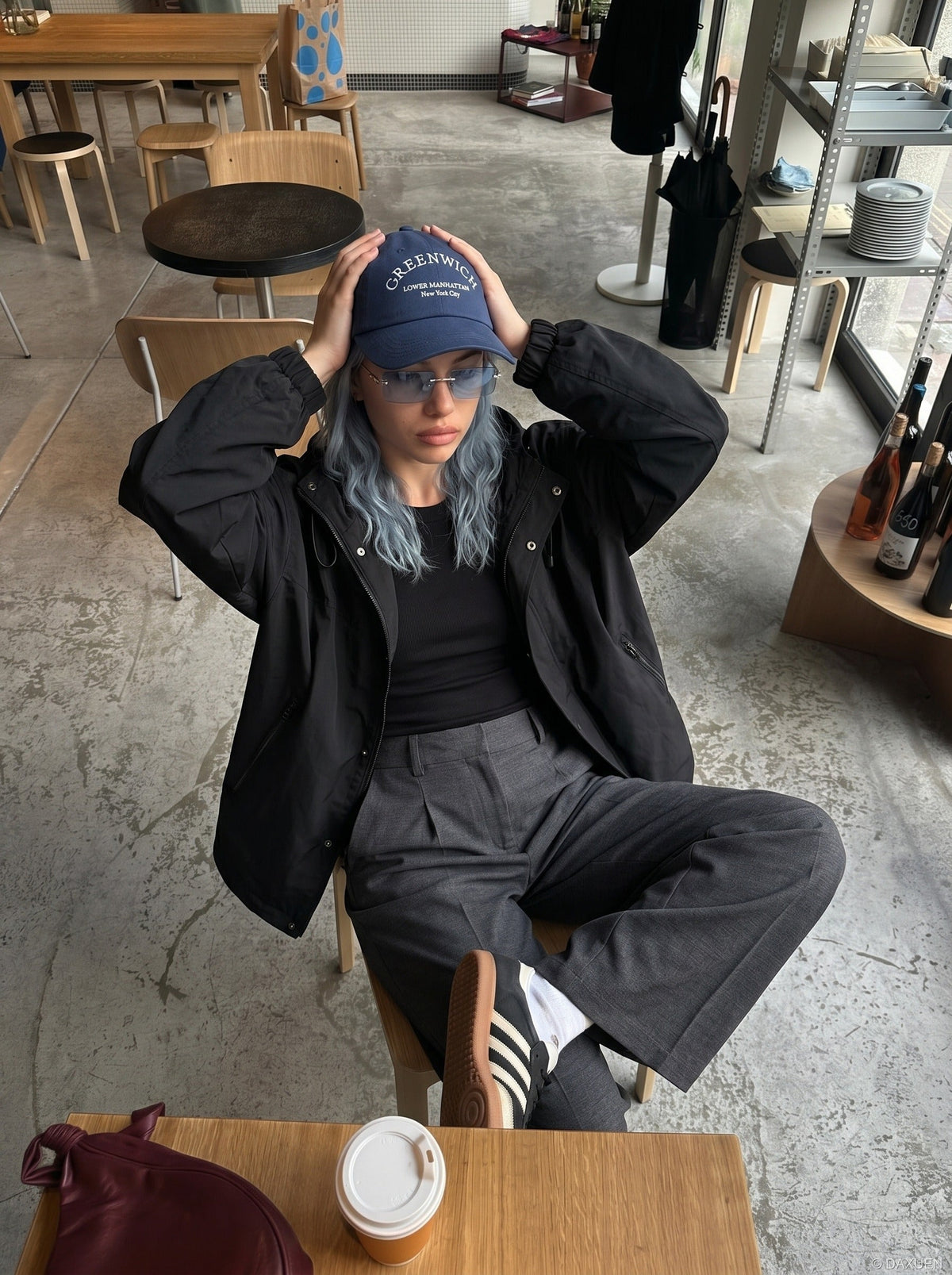 DAXUEN High-waisted wide-leg palazzo pants in dark grey and black — model photo