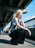 DAXUEN beige high-waisted wide-leg work trousers — model photo