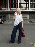 DAXUEN beige high-waisted wide-leg work trousers — model photo