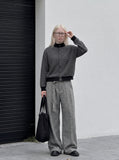 DAXUEN dark grey and brown horizontal striped mock neck cardigan jacket — model photo