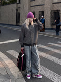 DAXUEN dark grey and brown horizontal striped mock neck cardigan jacket — model photo