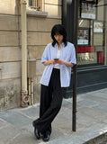 DAXUEN Oversized short-sleeved button-down shirt with stripes — model photo
