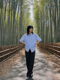 DAXUEN Oversized short-sleeved button-down shirt with stripes — model photo