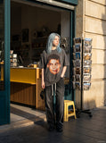 DAXUEN washed grey humorous boy face graphic t-shirt — model photo