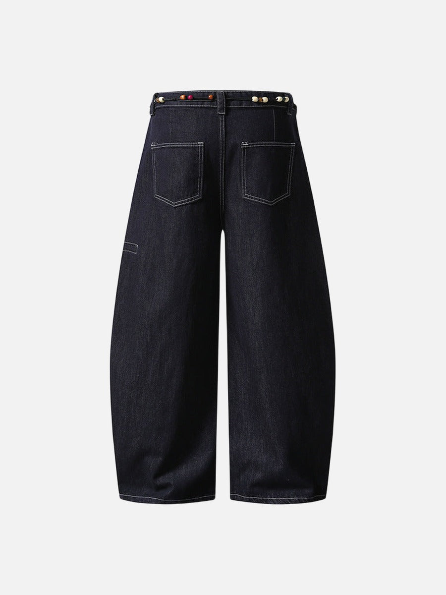 High-waisted wide-leg denim pants with bead details