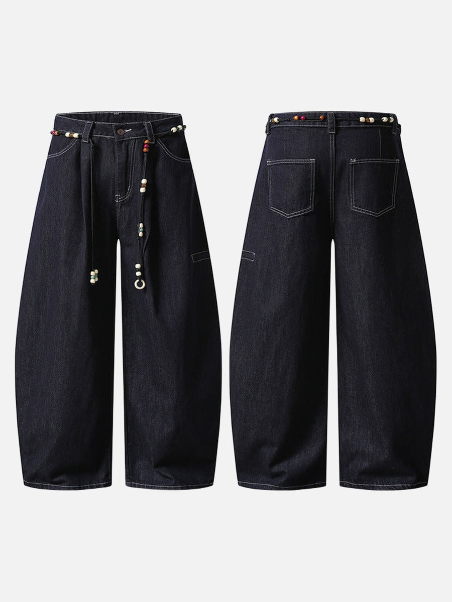 High-waisted wide-leg denim pants with bead details