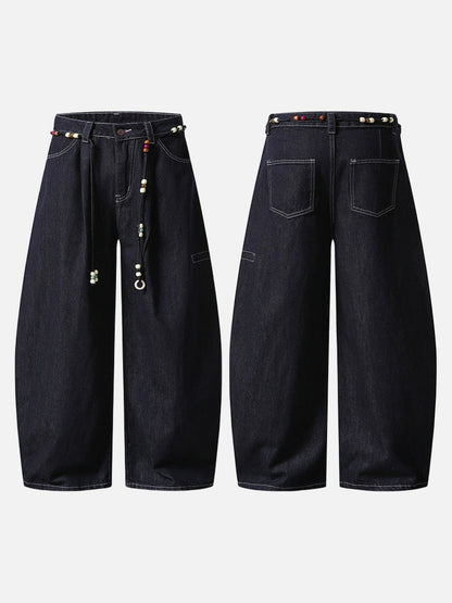High-waisted wide-leg denim pants with bead details
