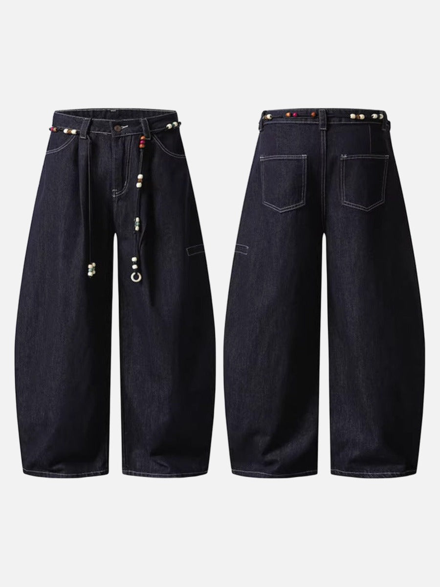 High-waisted wide-leg denim pants with bead details