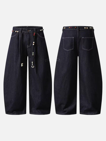 High-waisted wide-leg denim pants with bead details