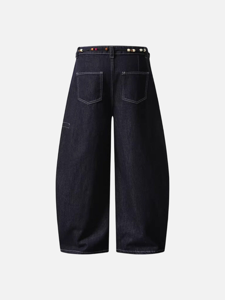 High-waisted wide-leg denim pants with bead details