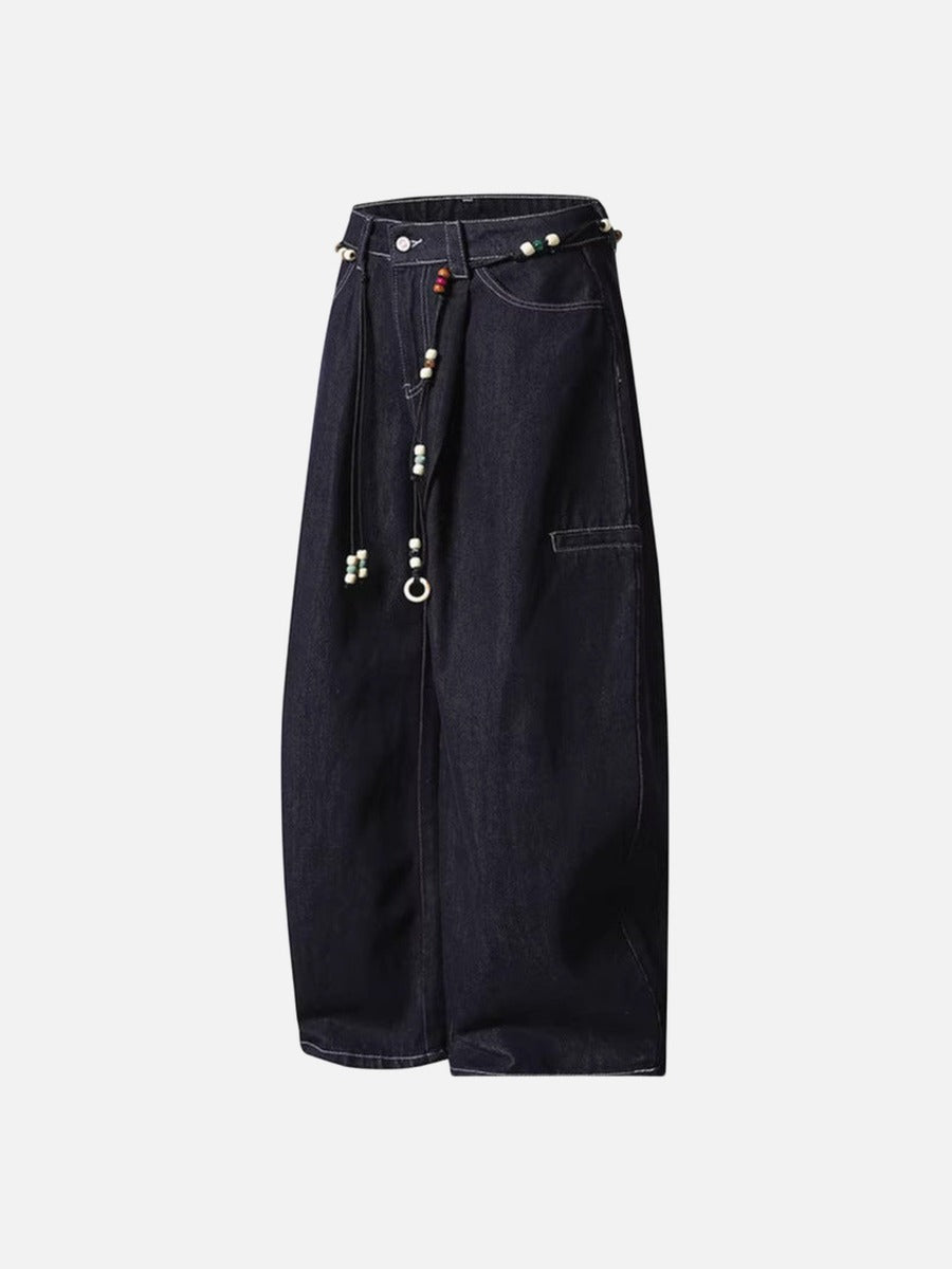 High-waisted wide-leg denim pants with bead details