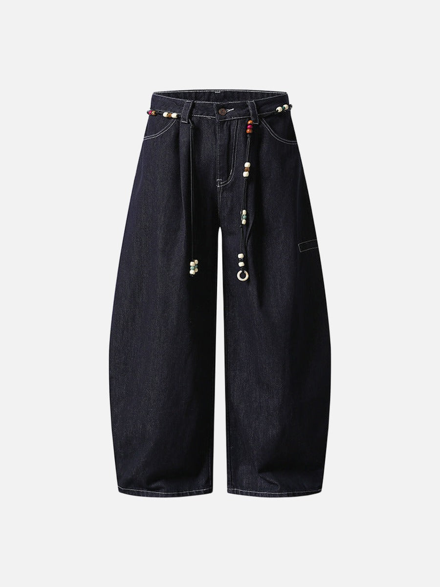 High-waisted wide-leg denim pants with bead details
