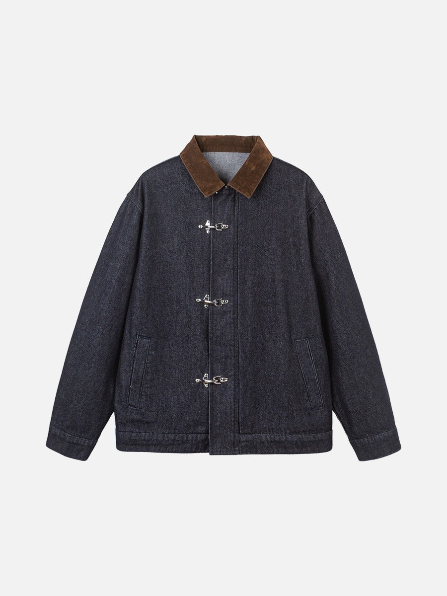 DAXUEN indigo blue denim jacket with brown collar and toggle clasps