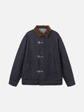 DAXUEN indigo blue denim jacket with brown collar and toggle clasps