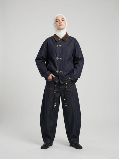 DAXUEN indigo blue denim jacket with brown collar and toggle clasps — model photo