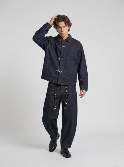 DAXUEN indigo blue denim jacket with brown collar and toggle clasps — model photo