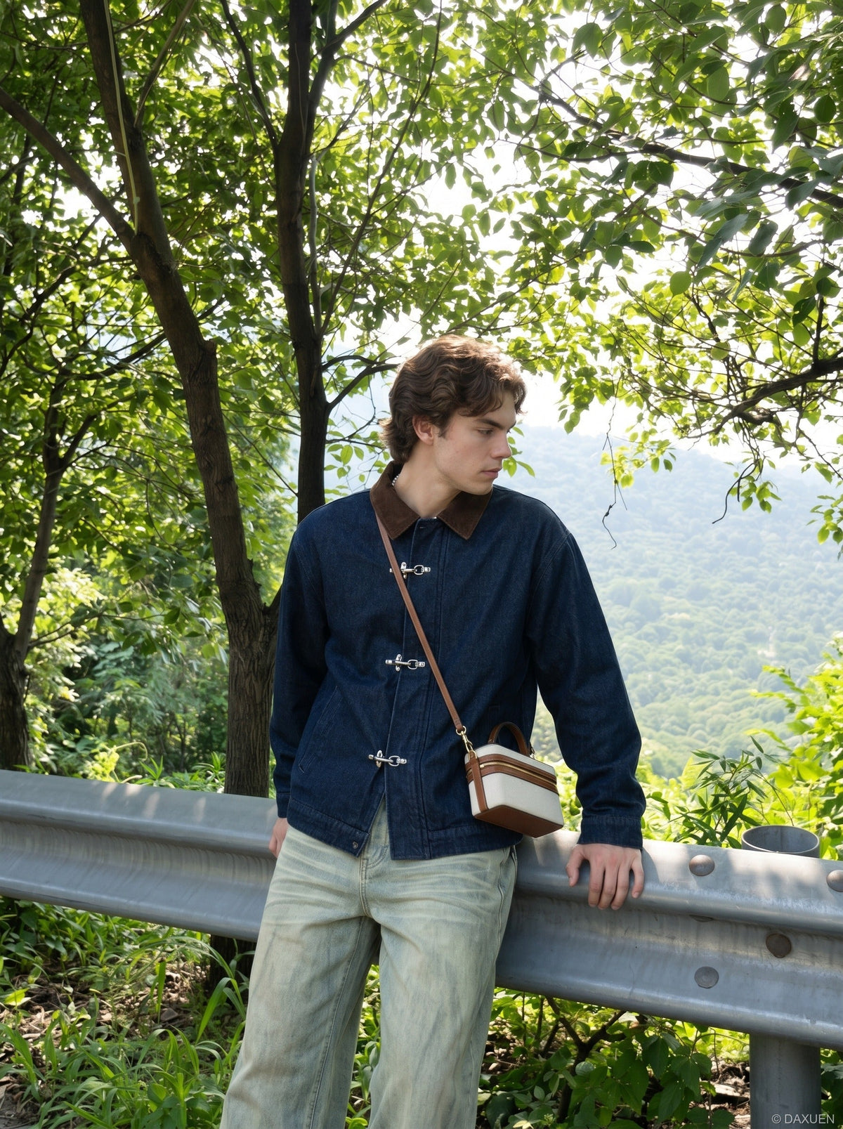 DAXUEN indigo blue denim jacket with brown collar and toggle clasps — model photo