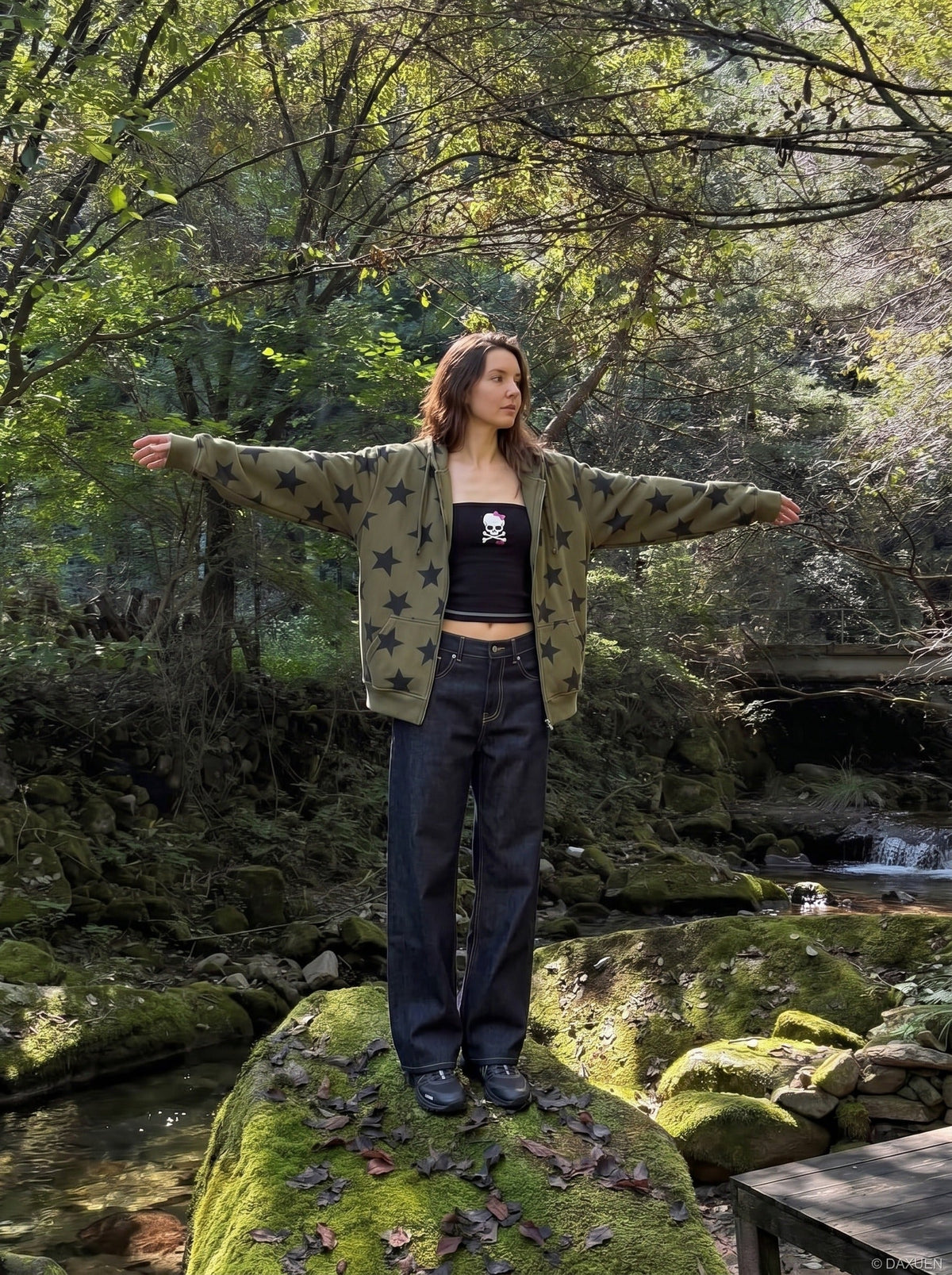 DAXUEN Dark indigo wide-leg denim jeans — model photo