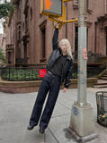 DAXUEN Dark indigo wide-leg denim jeans — model photo