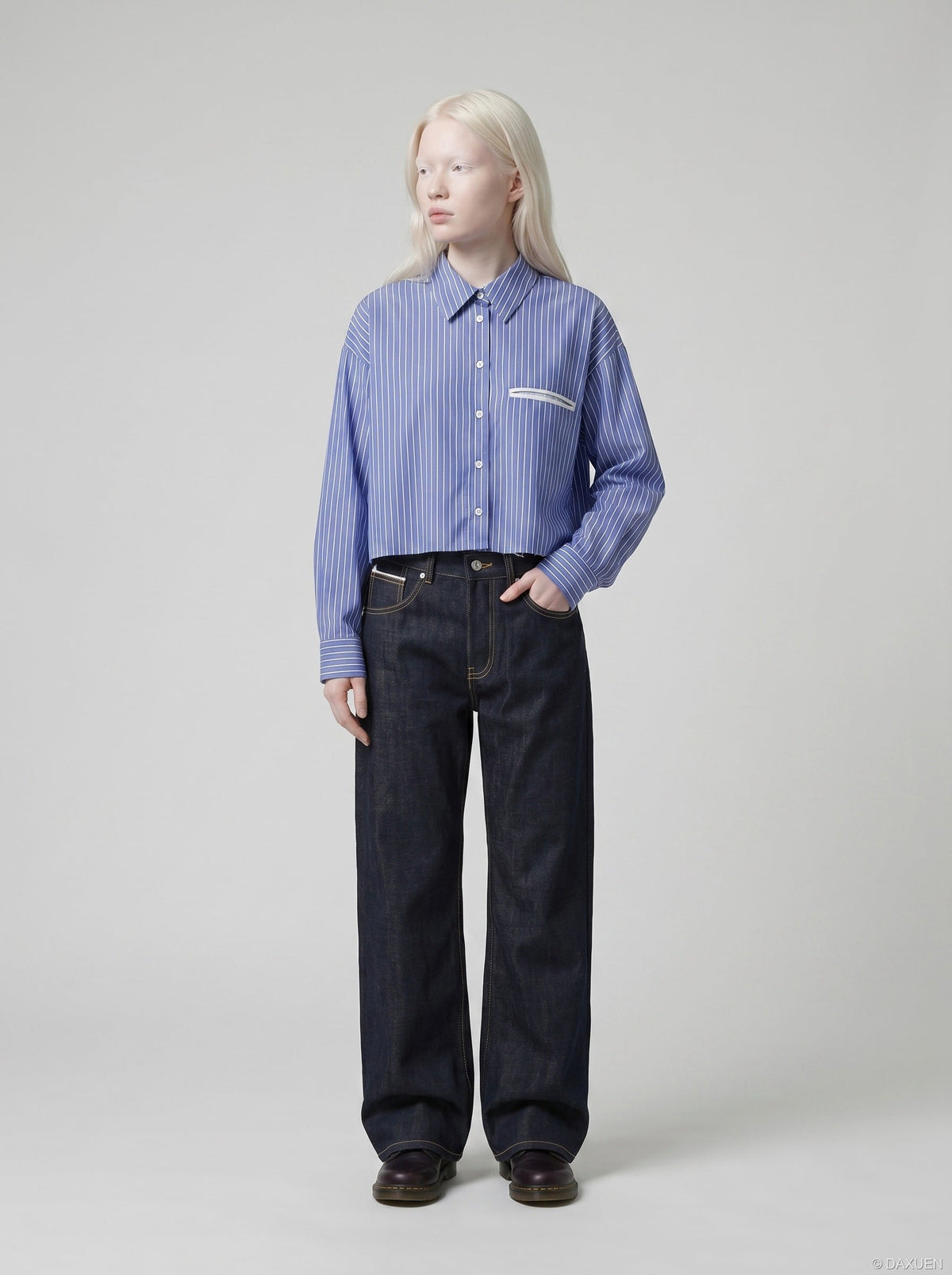 DAXUEN Dark indigo wide-leg denim jeans — model photo