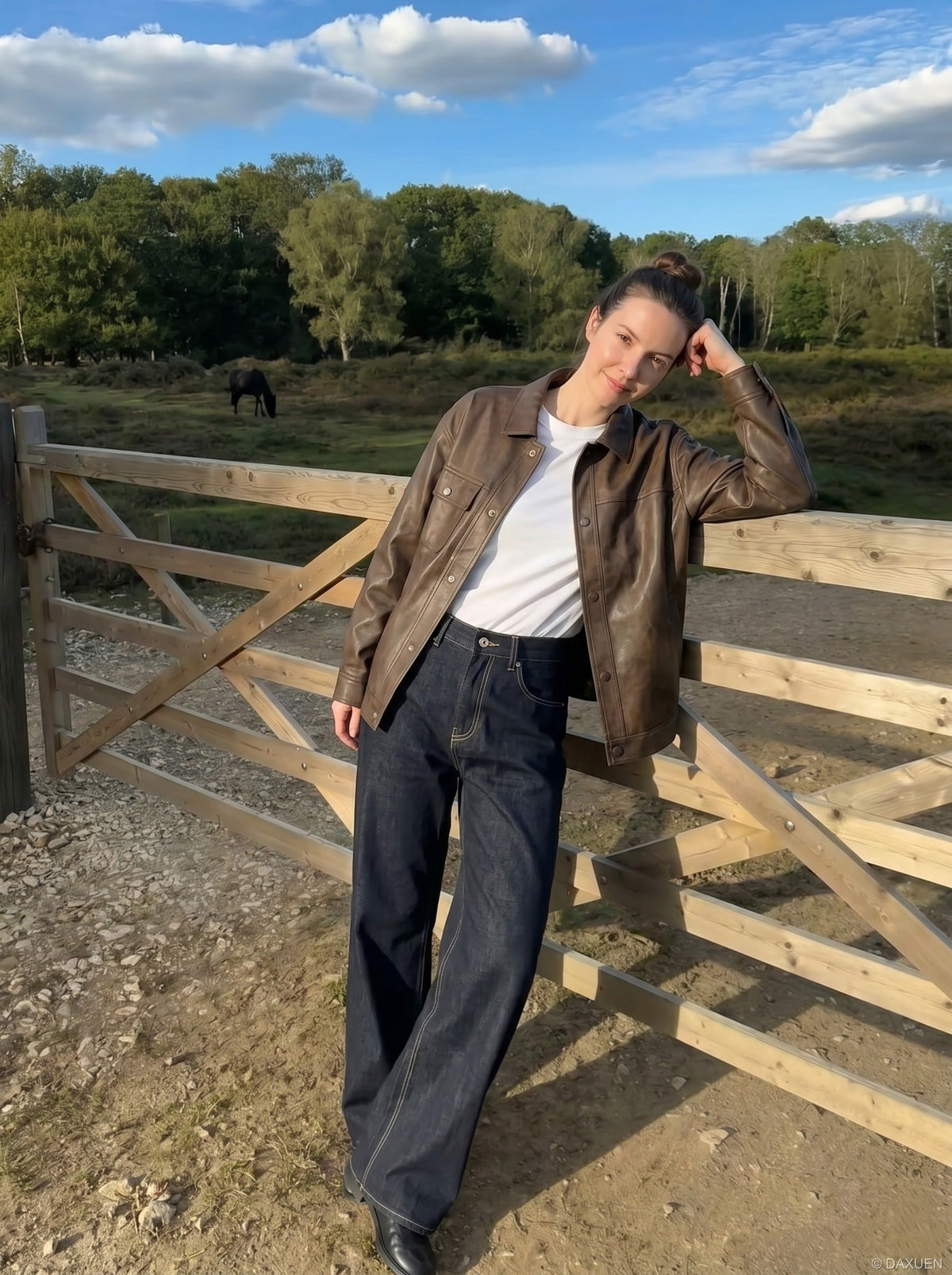 DAXUEN Dark indigo wide-leg denim jeans — model photo