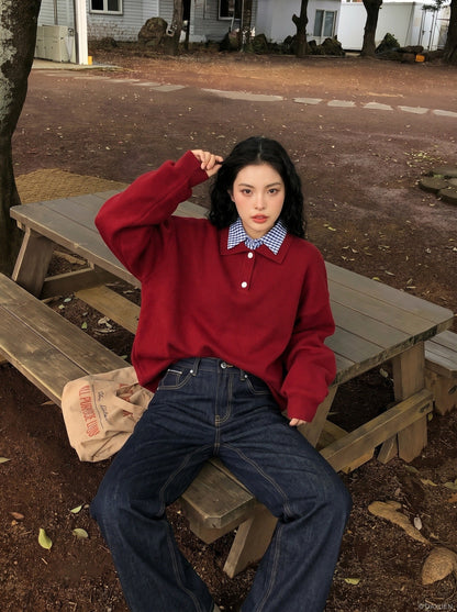 DAXUEN Dark indigo wide-leg denim jeans — model photo