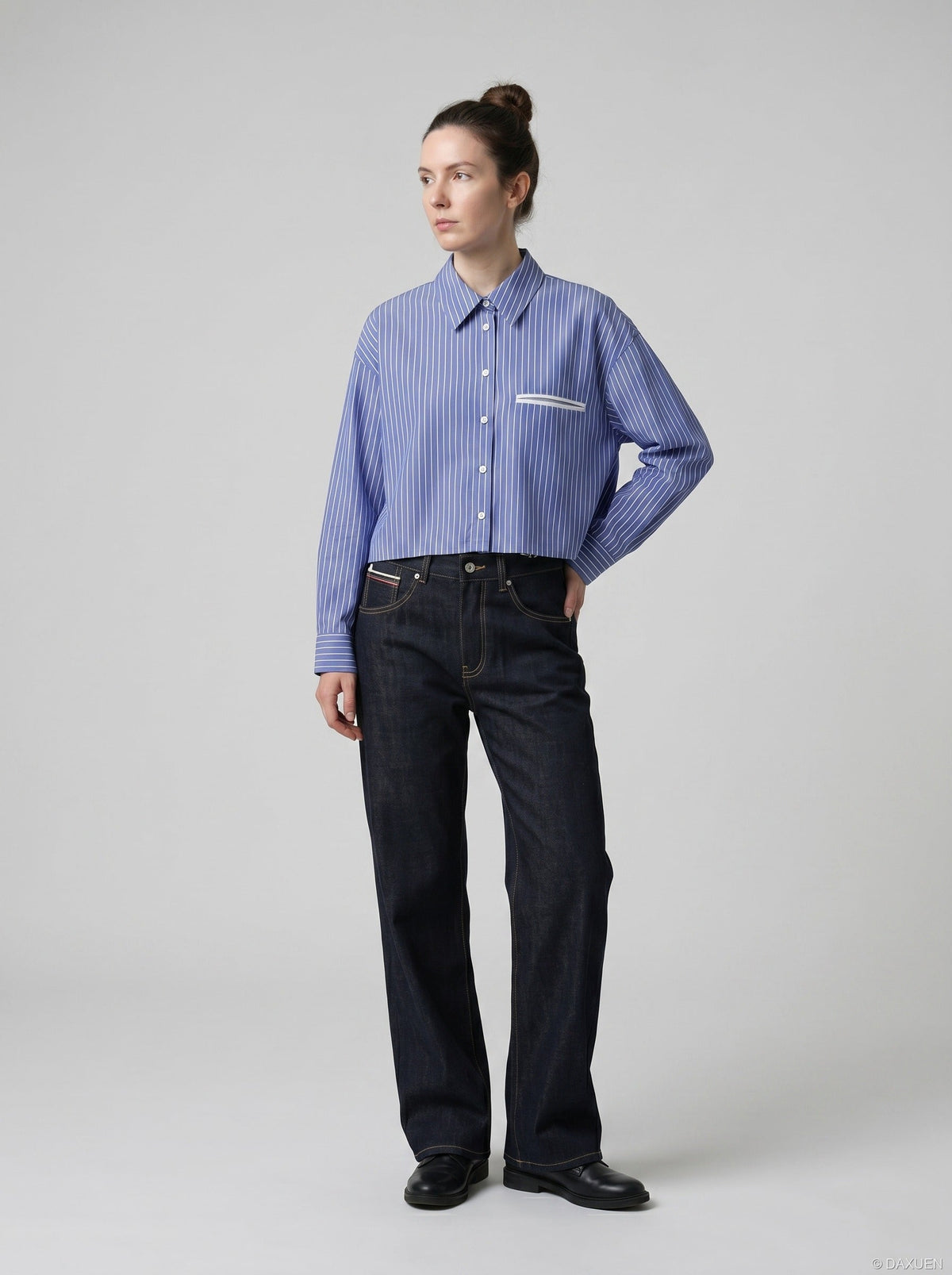 DAXUEN Dark indigo wide-leg denim jeans — model photo