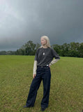 DAXUEN Dark indigo wide-leg denim jeans — model photo